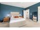 Bedroom features an upholstered bed, blue accent wall, and neutral carpet at 100 Emory Bluffs Dr, Holly Springs, NC 27540