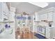 Charming kitchen with white cabinets, brick floor, and blue accents at 1913 Fawndale Dr, Raleigh, NC 27612