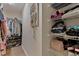 Walk-in closet with organization, including hanging clothes, shoe racks, and shelving for storage at 2302 Fordcrest Dr, Apex, NC 27502
