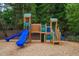 This fun playground features a blue slide and wooden play structure with a safety-first design at 317 Chanticlair Dr, Apex, NC 27502