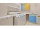 Functional laundry area with washer, dryer, shelving, and colorful cabinetry at 5205 Coffeetree Dr, Raleigh, NC 27613