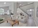 Open-concept living room with modern decor, hardwood floors, and staircase to upper level at 5308 Bentgrass Dr, Raleigh, NC 27610