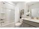 Bright bathroom featuring shower with white curtain and vanity at 8217 White Star Dr, Fuquay Varina, NC 27526