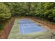 Aerial view of a blue tennis court within a fenced enclosure surrounded by trees at 9728 Batesville Dr, Raleigh, NC 27617