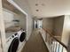 Upstairs hallway view with a laundry closet and carpet floors at 10415 Neland, Raleigh, NC 27614