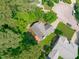 Aerial view of a home with a spacious backyard and patio area, surrounded by lush trees creating a private retreat at 113 Chestone Ct, Cary, NC 27513