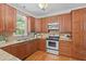 A functional kitchen boasts stainless steel appliances, granite countertops, and a bright window over the sink at 113 Chestone Ct, Cary, NC 27513