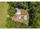 Aerial view of a home with a pool, surrounded by lush trees and green lawns at 1909 Ira Rd, Efland, NC 27243