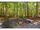 Backyard firepit with wooded views and outdoor seating, rock borders at 1909 Ira Rd, Efland, NC 27243