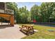 Backyard with a picnic table on the patio, and a black fence surrounding the pool at 1909 Ira Rd, Efland, NC 27243