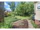 Backyard showcases a tranquil green space with a stone pathway and garden area at 203 W Hill Dr, Cary, NC 27519