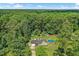 Aerial view of a home with a pool surrounded by lush greenery and mature trees at 229 White Oak Farm Dr, Willow Springs, NC 27592