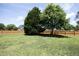Large green backyard enclosed by a wood fence, with mature trees providing shade in the yard at 25 Ruth Cir, Fuquay Varina, NC 27526