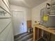A utility room with a water heater, painted floor, and a wooden box in the corner at 511 Commonwealth St, Durham, NC 27703