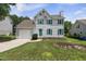 Charming two-story home features a landscaped yard, attached garage, and cheerful turquoise shutters at 5317 Peacenest Dr, Raleigh, NC 27610