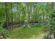 Beautiful backyard with lush greenery, mature trees, and manicured lawn with decorative garden art at 5523 Newberry Dr, Raleigh, NC 27609
