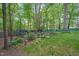 Picturesque backyard with mature trees, garden beds, decorative shed, and manicured lawn at 5523 Newberry Dr, Raleigh, NC 27609