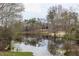 Picturesque view of a tranquil pond reflecting a stately home nestled among mature trees at 12037 Deer Run, Raleigh, NC 27614