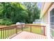 A wooden deck overlooks the fenced backyard with a view of the shed and the tree line beyond the neighboring houses at 1309 Sweet Charm Ln, Knightdale, NC 27545