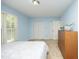 A bright bedroom with light blue walls and a large window overlooking the backyard at 146 Greenmont Ln, Cary, NC 27511