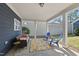 Relaxing covered patio area with cozy seating, colorful outdoor rug, and view of the landscaped backyard at 1625 Main Divide Dr, Wake Forest, NC 27587