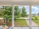 View from porch of the manicured lawn and street with sidewalks lined with trees at 1804 Amberly Ledge Way, Cary, NC 27519