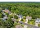Aerial view showcases the house nestled in a verdant neighborhood, near a serene wooded area and river at 2933 Creek Moss Ave, Wake Forest, NC 27587