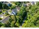 An elevated neighborhood shot presents the home's location within a lush, tree-lined community at 2933 Creek Moss Ave, Wake Forest, NC 27587