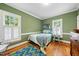Cozy bedroom featuring hardwood floors, wainscotting, and bright windows with plantation shutters at 305 Lochridge Dr, Roxboro, NC 27573