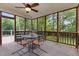Inviting screened porch with a ceiling fan and outdoor dining set, perfect for enjoying the outdoors at 3720 Bridgeton Park Dr, Raleigh, NC 27612