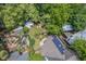 Overhead view of the home's backyard, highlighting the patio, garden, mature trees, and privacy at 414 W Markham Ave, Durham, NC 27701