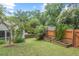 Landscaped backyard with flower beds, privacy fence, and mature trees at 414 W Markham Ave, Durham, NC 27701