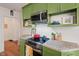 Close-up of modern kitchen with stainless steel appliances, granite countertops and green cabinetry at 414 W Markham Ave, Durham, NC 27701