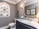Charming powder room with marble countertop, navy blue cabinetry, and elegant decorative elements at 5005 Lenoraway Dr, Raleigh, NC 27613
