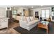 Relaxing living room featuring a cozy couch, wood floors, and a modern kitchenette with stainless steel appliances at 5005 Lenoraway Dr, Raleigh, NC 27613
