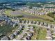 Community aerial view with ponds, manicured lawns, and neatly arranged homes at 525 Willow Breeze Ct, Zebulon, NC 27597