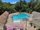 Aerial view of a community pool with lounge chairs, umbrellas, and mature trees, creating a resort-like atmosphere at 5309 Overtop Ln, Raleigh, NC 27613