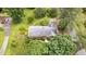 Aerial view of a well-maintained brick home with a lush green lawn, mature trees, and landscaped gardens, offering privacy at 619 S Fifth St, Mebane, NC 27302