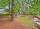 Landscaped backyard with shed and mature trees, creating a tranquil outdoor space at 7501 Montibillo Pkwy, Durham, NC 27713