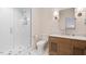 Elegant bathroom with marble countertops, white subway tile shower, and classic fixtures at 800 Lakestone Dr, Raleigh, NC 27609