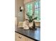 Close up of kitchen counter showing decorative items and a view through a large window at 800 Lakestone Dr, Raleigh, NC 27609