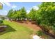 Manicured backyard with lush green grass, mulch ground cover, and scattered shade trees under a partly cloudy sky at 1007 Epiphany Rd, Morrisville, NC 27560