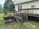 Outdoor wooden deck with stairs; in need of some TLC, this area is a blank canvas for your creative ideas at 101 New Castle Ct, Youngsville, NC 27596