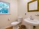 Charming half bathroom with a sink, toilet, and decorative mirror at 10101 Daviton Ct, Raleigh, NC 27615