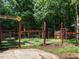 Fenced garden plot with raised beds and mature trees at 10101 Daviton Ct, Raleigh, NC 27615