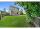 Spacious backyard features lush green grass and a wood fence, providing privacy at 110 Knightwood Dr, Durham, NC 27703