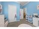 Bedroom with blue walls, two doors, carpet and white shelving at 1442 Morningside Dr, Burlington, NC 27217