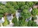 Aerial view of a residential property surrounded by lush trees in a quiet neighborhood at 2425 Lemuel Dr, Raleigh, NC 27615