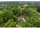 Aerial view of a home surrounded by mature trees and greenery offers curb appeal and a sense of privacy at 2551 Drake Ave, Durham, NC 27705