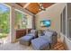 Relaxing covered patio with comfortable chairs, a TV, and a beautiful outdoor view at 3034 Lewis Farm Rd, Raleigh, NC 27607